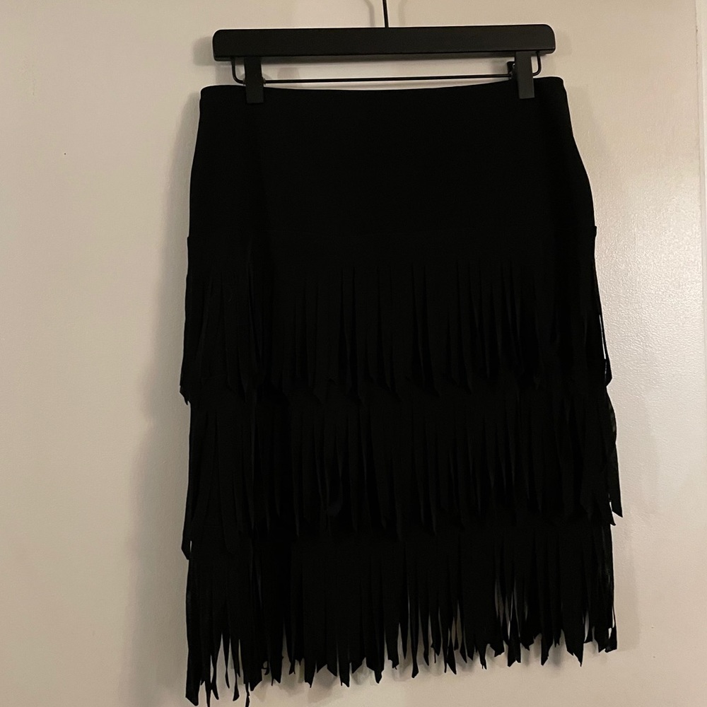 Black Knee Length 3 Layered Fringe Skirt